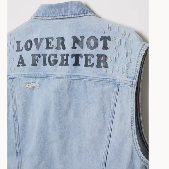 NWT H&M Denim Vest with Printed Design Distressed Denim Vest M - Picture 2 of 8